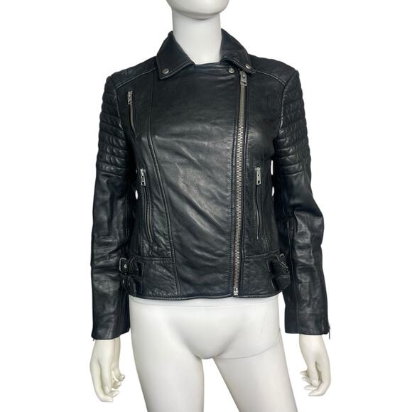 AllSaints Women's 6 Black Leather Papin Biker Motorcycle Zip Lined Jacket EUC - Picture 1 of 4